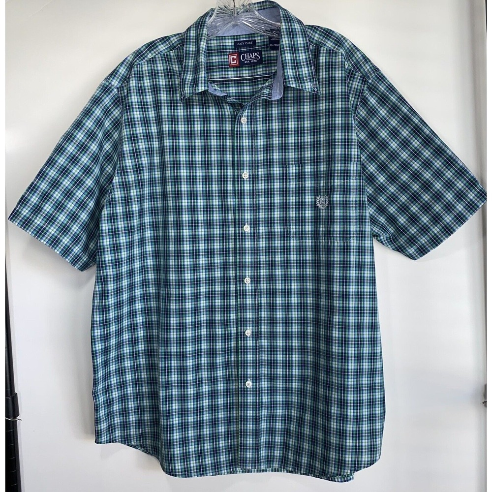 Chaps shirt mens size XL TG short sleeve blues and green plaid pre-owned